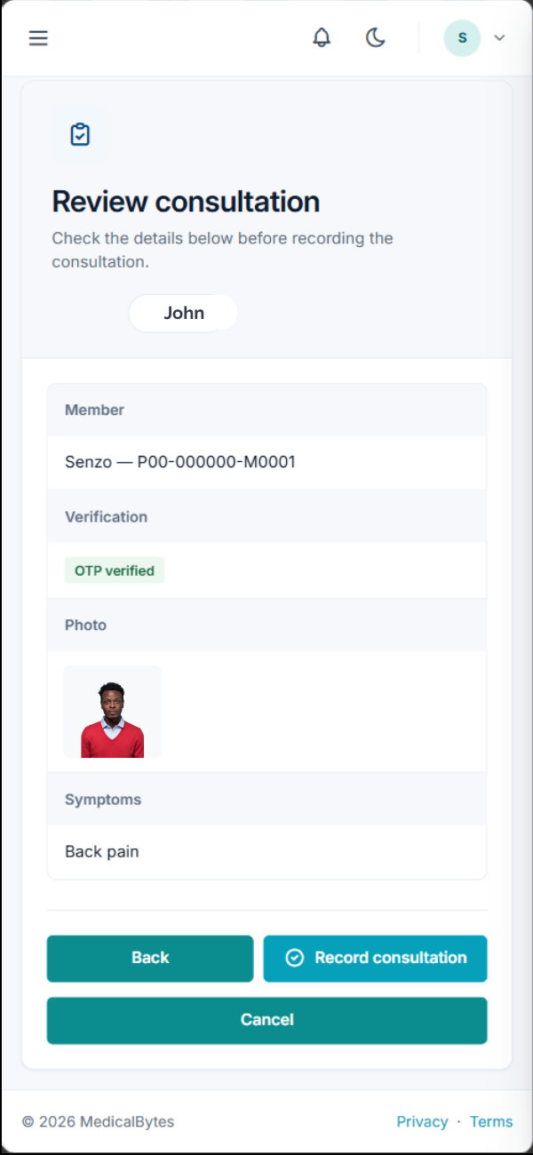 MedicalBytes point-of-service verification: member, verification status, photo and symptoms